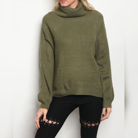Sweaters - Army Green Knit Sweater With Cowl Neckline